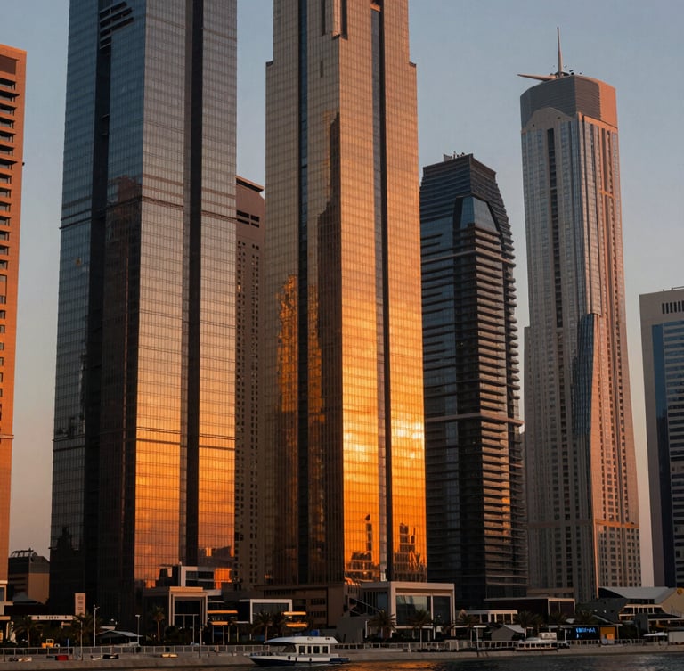 Wide-angle architectural abstract of a Dubai waterfront skyscraper at golden hour, sharp structural glass reflecting deep orange light, dramatic long shadows.