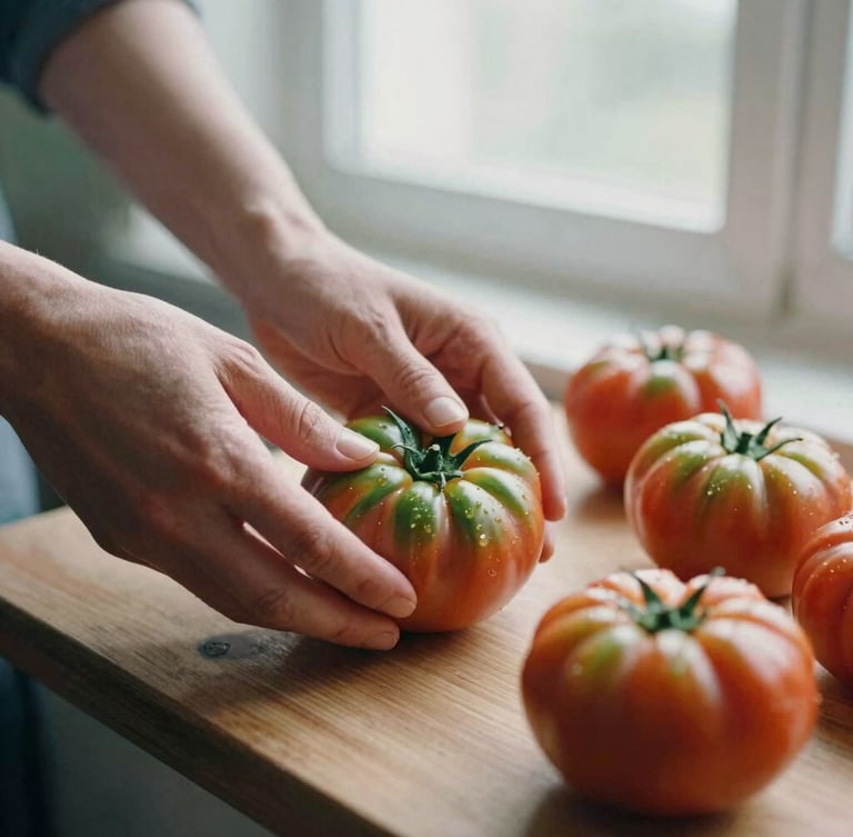 Close-up of hands placing fresh heirloom tomatoes on a wooden prep table, soft Scandinavian daylight through an overcast window, rich crimson and forest green tones, shallow depth of field, 35mm film.