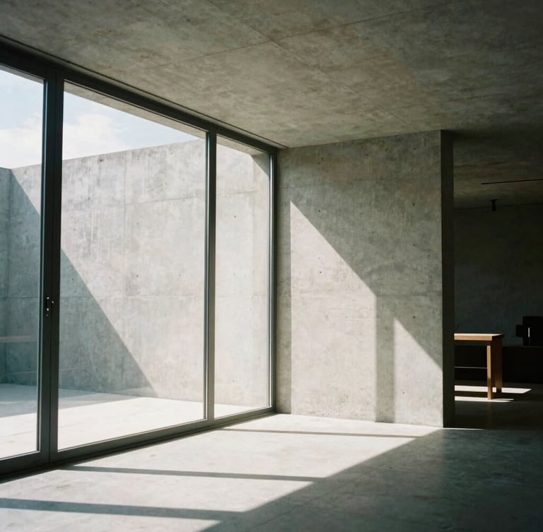 Portrait-oriented architectural film photography of a minimalist modernist concrete living space, sharp natural daylight casting geometric shadows, floor-to-ceiling windows, 35mm lens, editorial style