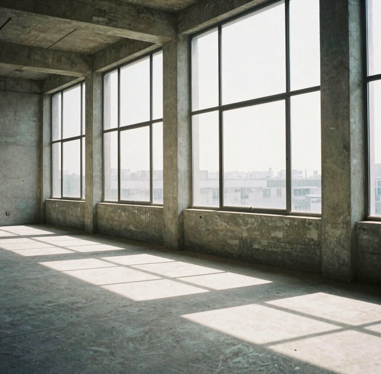 Wide-angle architectural film photography of an empty sunlit loft with concrete pillars, towering steel-framed windows, sharp high-contrast shadows, desaturated neutral tones.
