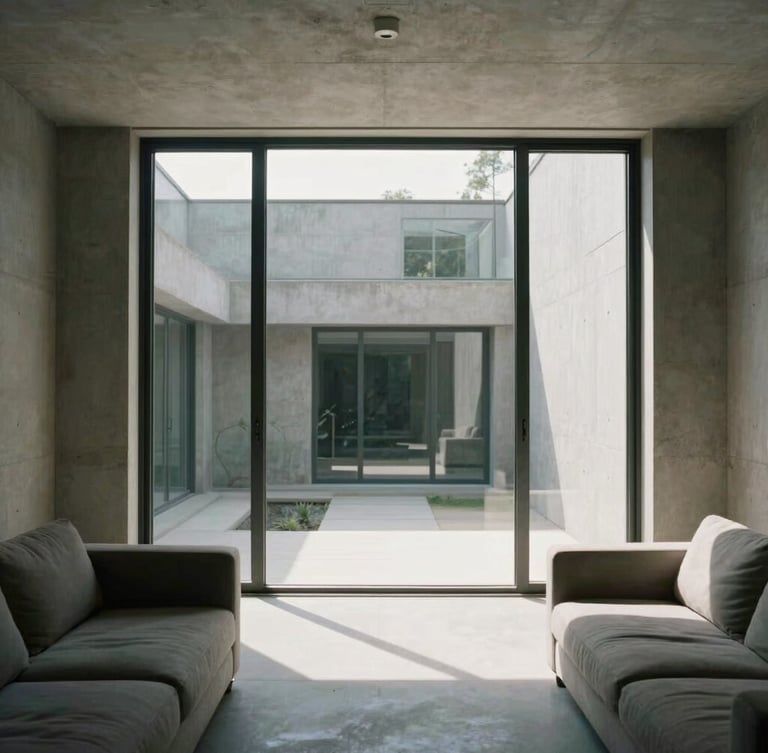 Interior view of a concrete residential living room looking out to a private central courtyard, tall glass walls, sharp high-contrast daylight, minimalist architectural film style.