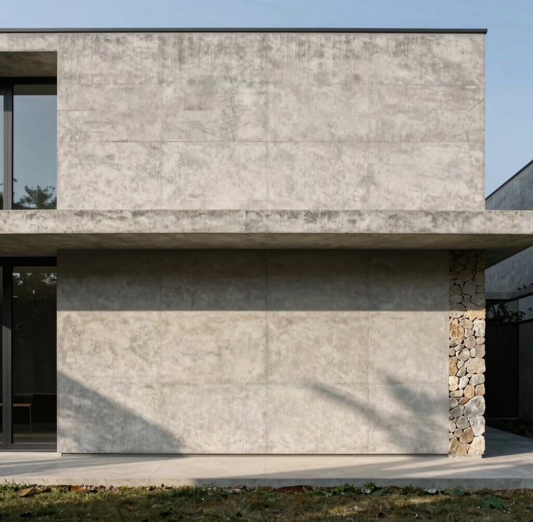 Wide-angle architectural photograph of a minimalist concrete house facade, sharp natural daylight casting long geometric shadows, native stone accents, 35mm lens.
