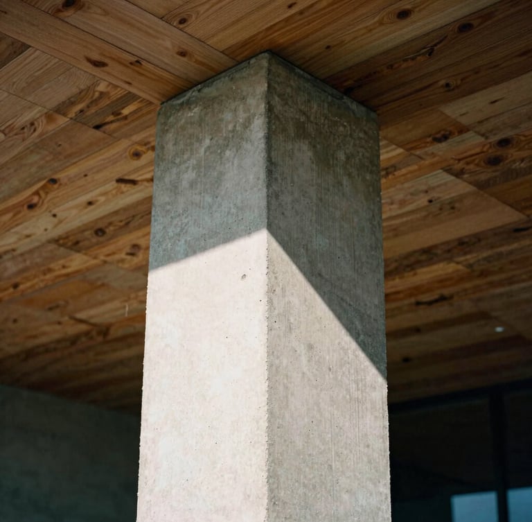 Tight geometric close-up of a raw concrete pillar meeting a rustic timber ceiling, sharp high-contrast daylight, architectural film photography style