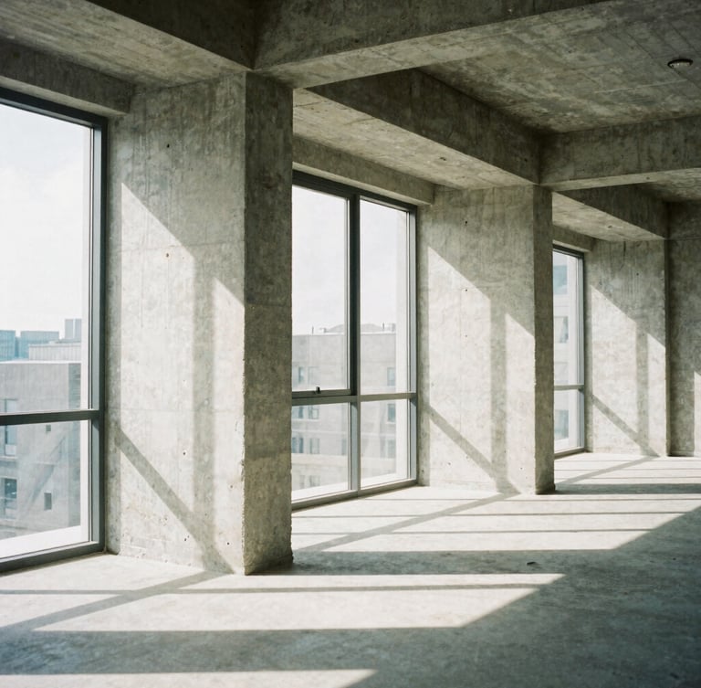 Architectural film photography of an empty modernist loft, raw concrete pillars, high-contrast natural daylight casting sharp geometric shadows from steel-framed windows, 35mm lens, desaturated neutral tones.