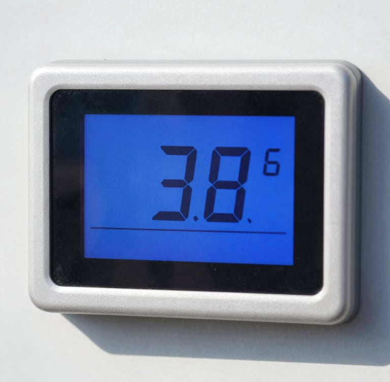 A close-up macro shot of a digital temperature control telemetry screen inside a refrigerated truck, showing a bright blue display reading exactly 38 degrees, sharp contrast