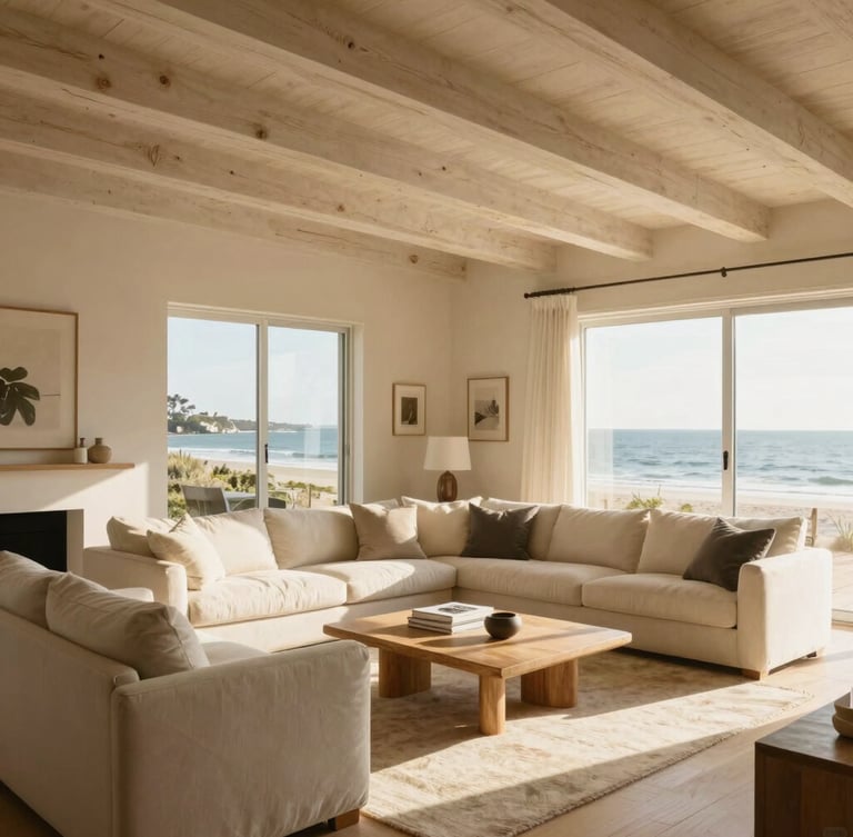 A wide, sun-drenched coastal living room in the Hamptons, warm plaster walls, brushed white oak beams overhead, soft afternoon light streaming through high windows, minimalist furniture.