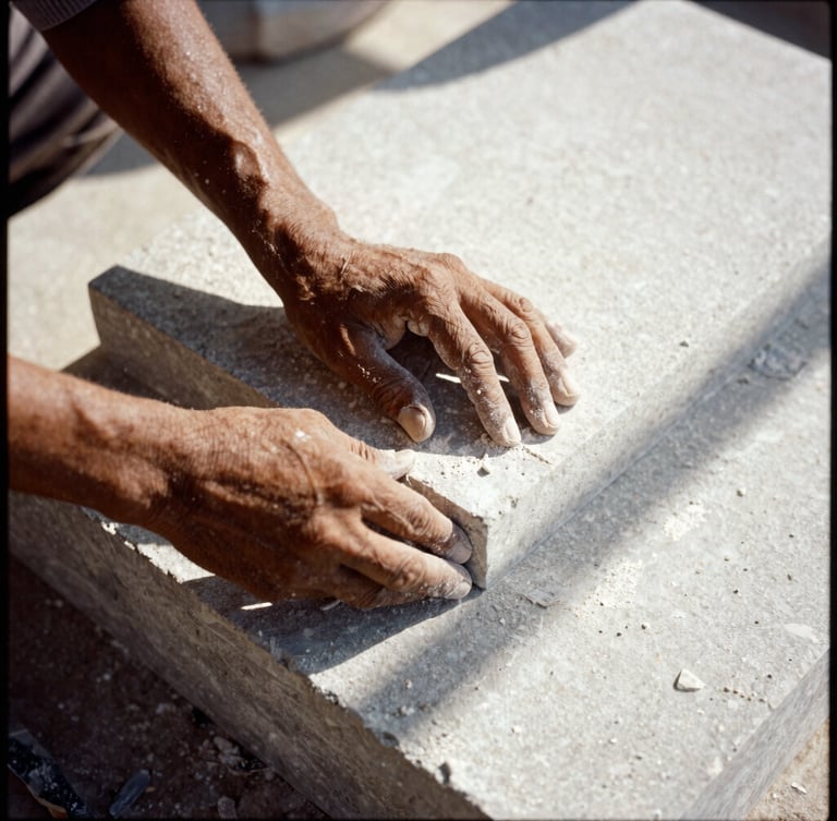 Hands of an Indian stone carver working on a block of basalt, high-contrast sunlight casting deep shadows, showing raw textures, 35mm film.