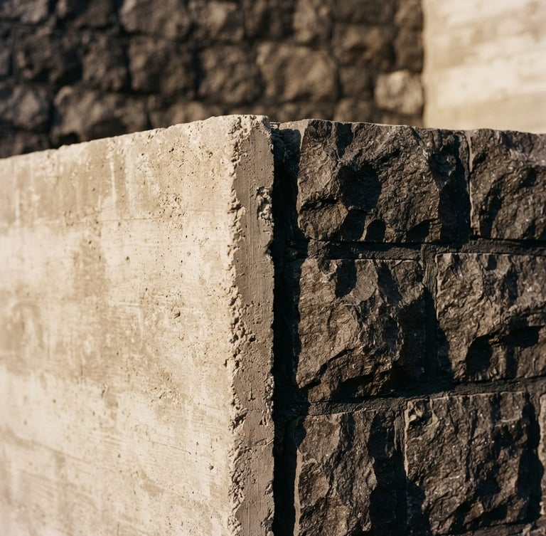 Warm architectural photography, high-contrast sunlight casting deep shadows on a junction of raw concrete and hand-carved basalt stone, minimalist composition, 35mm film.