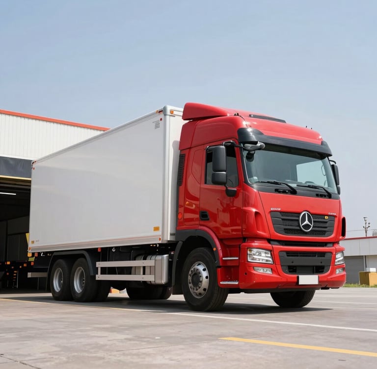 Low-angle heroic shot of a modern red and white cargo truck parked at a bright Peruvian loading dock under crisp daylight, professional commercial photography, 35mm
