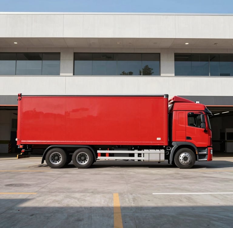 Side profile of a clean red delivery truck parked at a modern concrete loading dock, bright natural daylight, high-contrast crisp colors