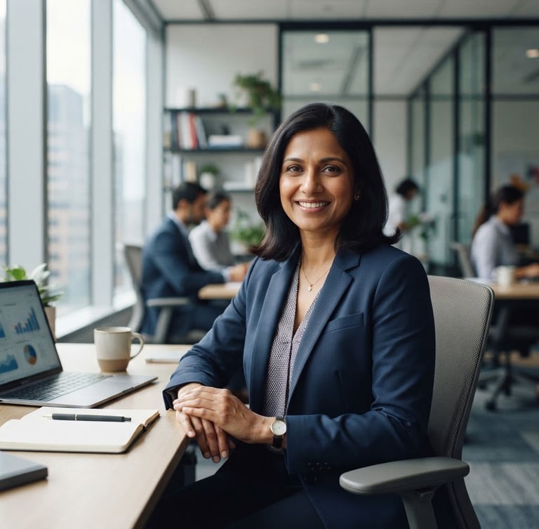 Professional portrait of Vijayaluxmi Sachchithananthalinga in a modern, well-lit office environment, smiling confidently, muted corporate blues and greys, soft natural daylight, 35mm lens, subject slightly off-center to the right.