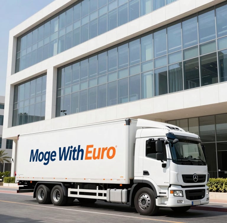 Bright natural daylight wide shot of a professional Move With Euro transport truck parked outside a modern office building in Dubai, clean architectural framing, high-key lighting.