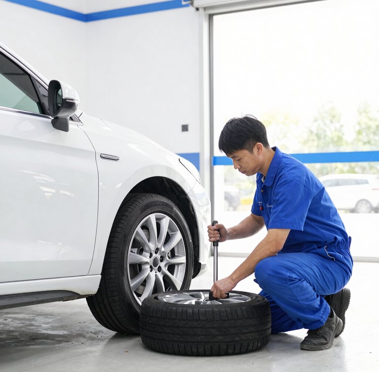 A clean, modern automotive service bay with a professional technician torque-testing a new tire, bright high-key daylight, 35mm.