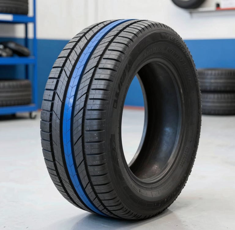 Sharp medium-close shot of a clean, high-performance tire tread in an organized garage bay, electric blue accents, crisp daylight, 35mm