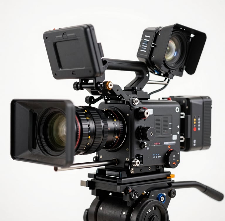 Extreme close-up of a high-end cinema camera rig on a stark white background, harsh studio flash lighting, asymmetrical editorial crop, raw mechanical details visible