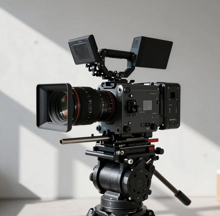 Extreme close-up of a high-end cinema camera rig on a minimalist studio set, harsh direct sunlight casting sharp shadows on white concrete, raw and industrial.