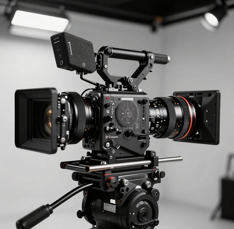 Extreme close-up of a high-end cinema camera rig on a minimalist production set, harsh studio flash lighting, sharp shadows, monochromatic aesthetic