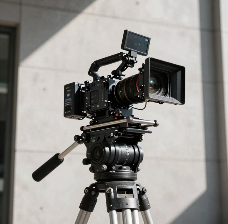 Low-angle heroic shot of a high-end cinema camera rig on an urban concrete background, high-contrast direct sunlight, sharp shadows.