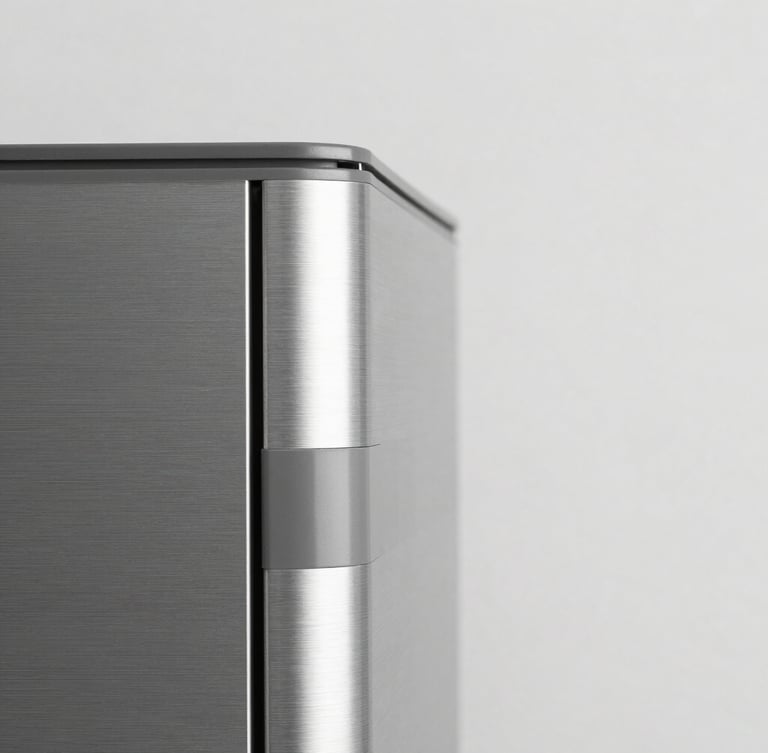 Close-up detail shot of brushed metal and matte plastic components of a modern home appliance, high-key lighting, sharp focus, neutral background