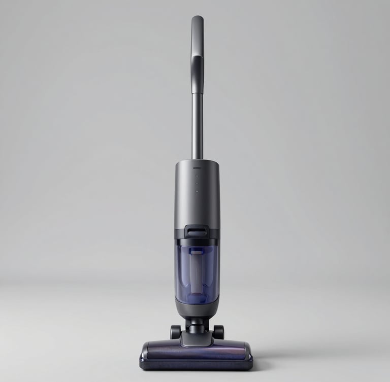 Straight-on clean studio shot of a minimalist matte charcoal vacuum cleaner on a seamless warm-gray background, crisp diffused lighting, sharp focus