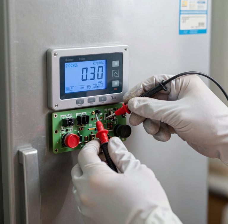 Macro clean shot of gloved hands adjusting a digital refrigerator control board with a multimeter, bright cool LED lighting, stainless steel background.