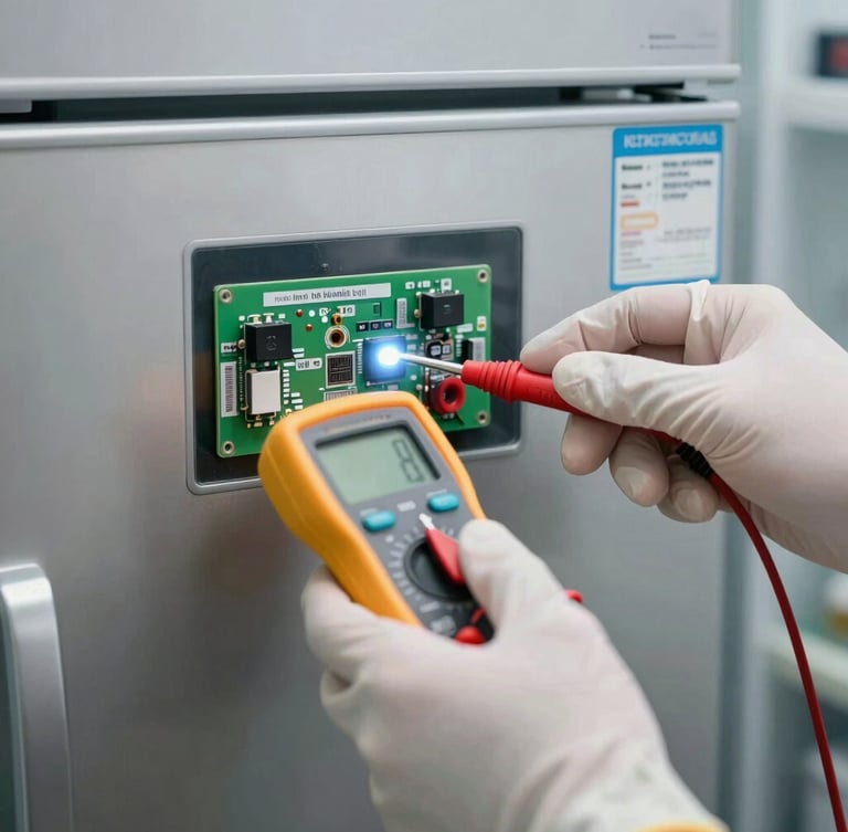 Macro shot of clean, gloved hands testing a digital refrigerator control board with a yellow multimeter, bright cool-toned LED light, sterile steel background.