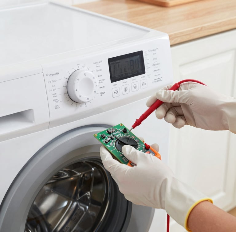 Macro shot of clean, gloved hands testing a digital control board of a modern washing machine with a digital multimeter in a bright kitchen.