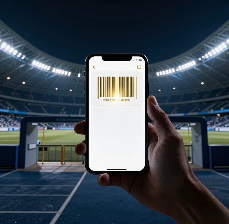 Dramatic editorial photography of a smartphone displaying a digital ticket with a glowing gold barcode, held in hand at a dark stadium entrance, high-contrast stadium lighting, deep midnight blue tones, wide-angle lens.