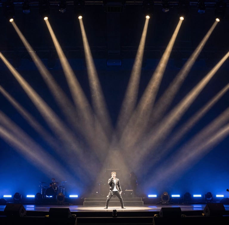 Tight, high-energy action shot of a performer on stage under dramatic concert lighting, deep midnight blue and gold tones, wide-angle lens