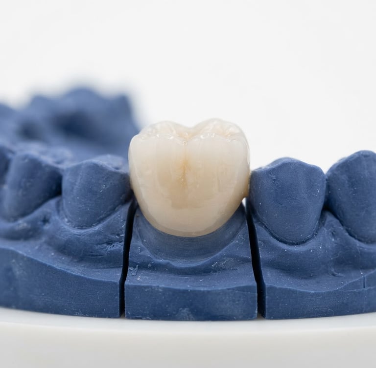 Macro close-up of a hand-finished ceramic crown on a stone model, bright clean clinical studio lighting, shallow depth of field, pristine white background, 4:5 vertical framing