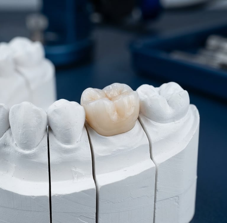 Macro close-up of a hand-finished ceramic dental crown resting on a pristine stone model, bright clean studio lighting, shallow depth of field, emphasizing natural translucency and marginal integrity.