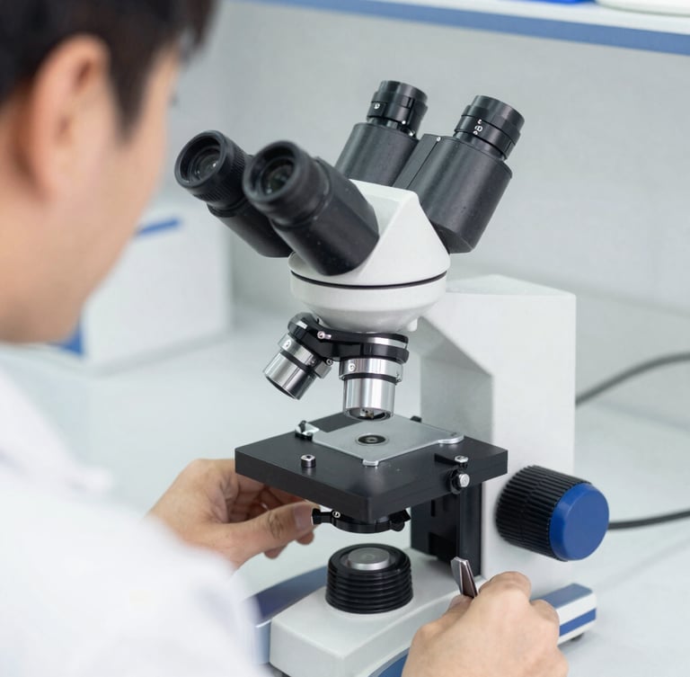 Over-the-shoulder shot of a master ceramist working with a high-magnification microscope in a pristine white laboratory environment, soft natural daylight