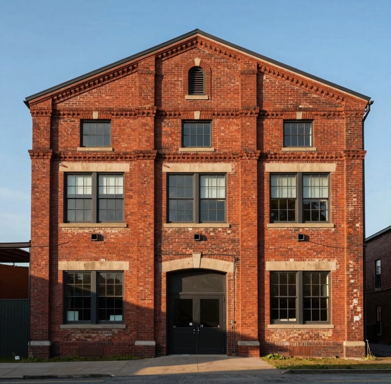 Straight-on architectural view of a clean, revitalized red-brick industrial warehouse in Mckeesport under clear morning light, showing structural stability.