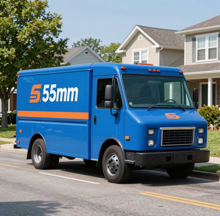 A clean branded blue service truck parked on a sunny Richmond suburban street, bright daylight, sharp focus, 35mm