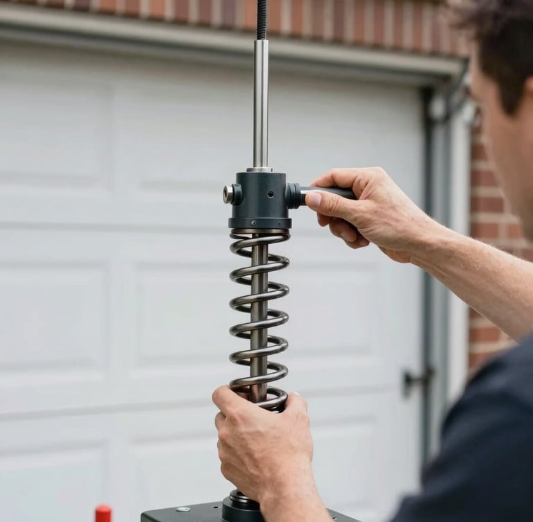 A technician calibrating a heavy-duty residential garage door torsion spring with precise hand tools.