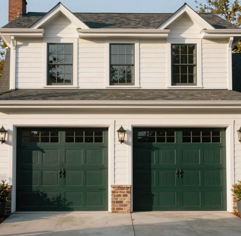 Symmetrical architectural elevation of a historic Franklin home featuring premium dark green carriage-house garage doors, natural warm morning light, crisp details