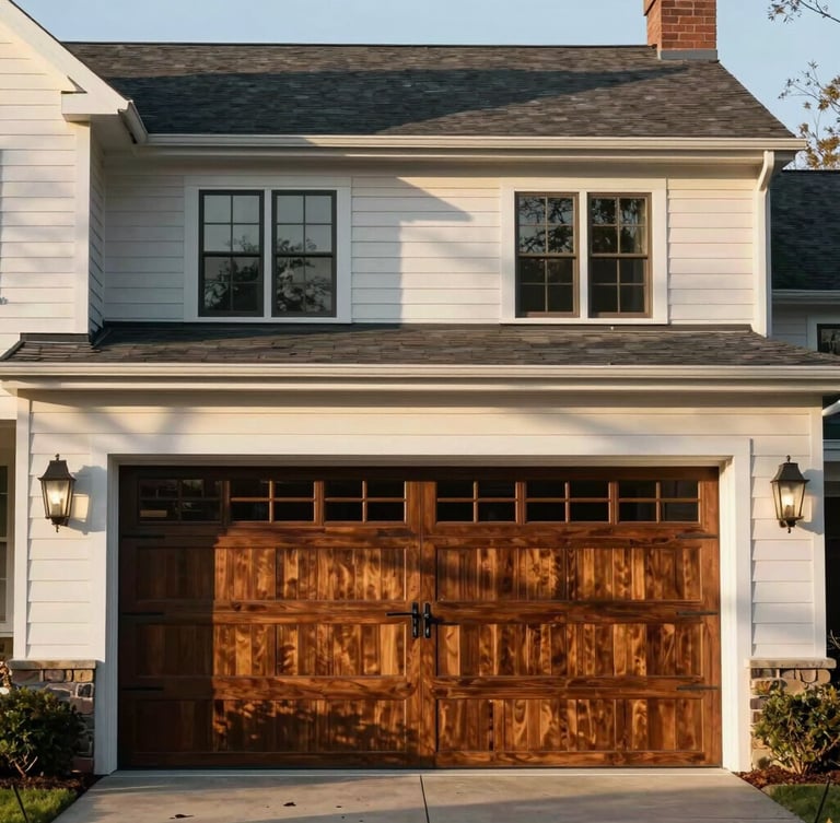Symmetrical architectural elevation of a historic Franklin home with a premium stained wood carriage-house garage door, warm morning light, soft shadows.