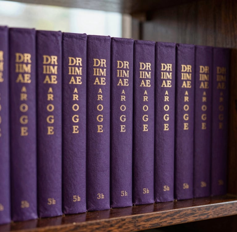 A close-up of printed monograph spines on a dark oak shelf, soft library window light, gold foil lettering on violet book covers.