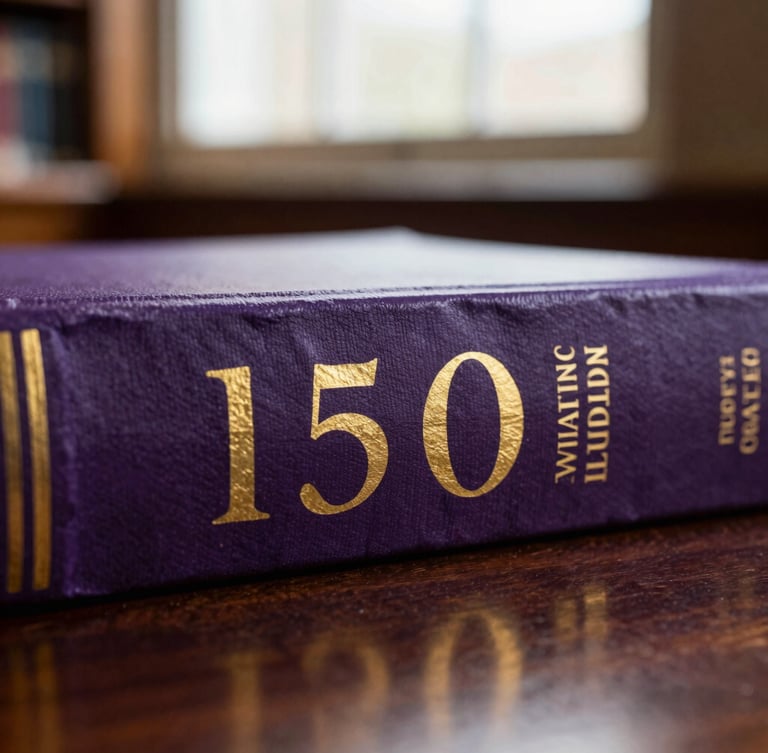 Macro shot of a printed monograph spine with gold leaf lettering, resting on a dark wooden library table under warm window light, 35mm photography