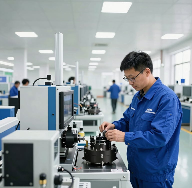 Wide environmental shot of a clean, modern Chinese manufacturing plant floor, bright industrial daylight, quality control inspector in blue uniform examining mechanical components, professional 35mm photography
