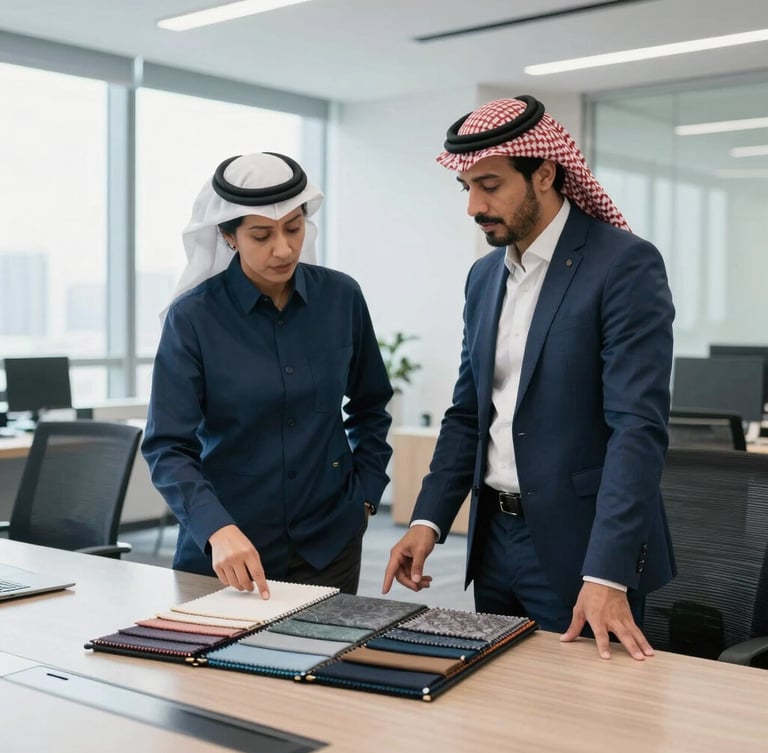 A medium shot of a Saudi businessman in a modern office meeting room in Shenzhen, discussing fabric samples with a Chinese manufacturer, guided by a professional female translator, bright natural light.