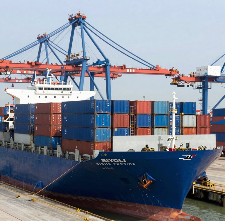 Wide environmental shot of a busy shipping port in China, cargo ships loaded with blue and red containers, bright daylight, professional editorial photography
