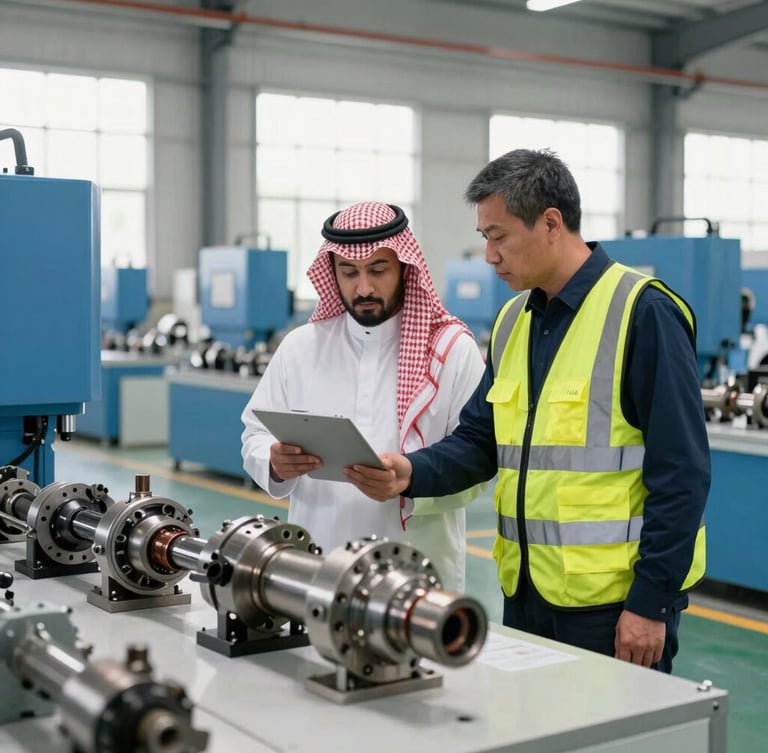 Professional Chinese factory floor, Saudi trade inspector in a safety vest examining high-quality manufactured machinery parts, bright industrial daylight, sharp focus