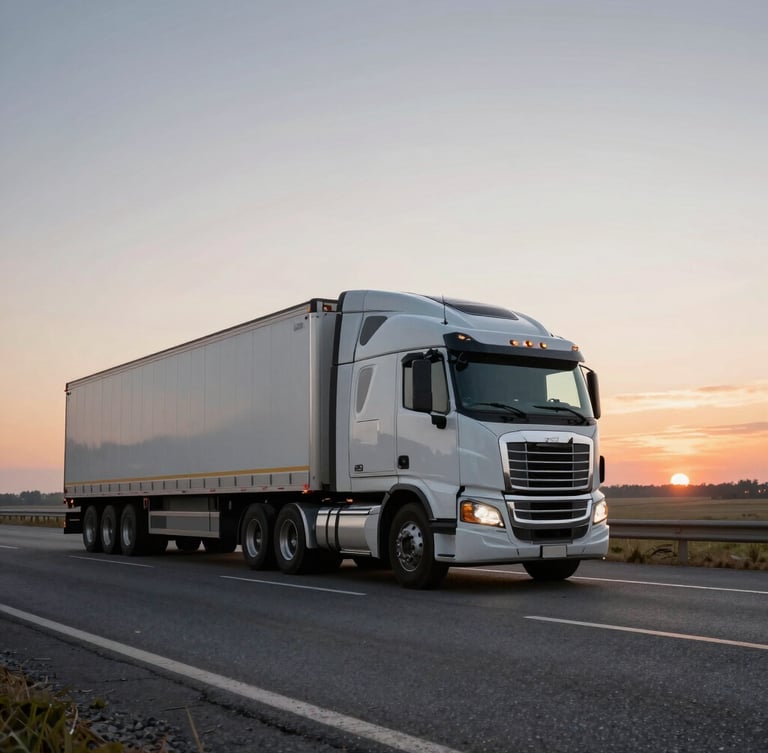 Wide shot of a heavy-duty semi-truck driving on an open highway at early morning dawn, clean highway asphalt, dramatic low horizon.