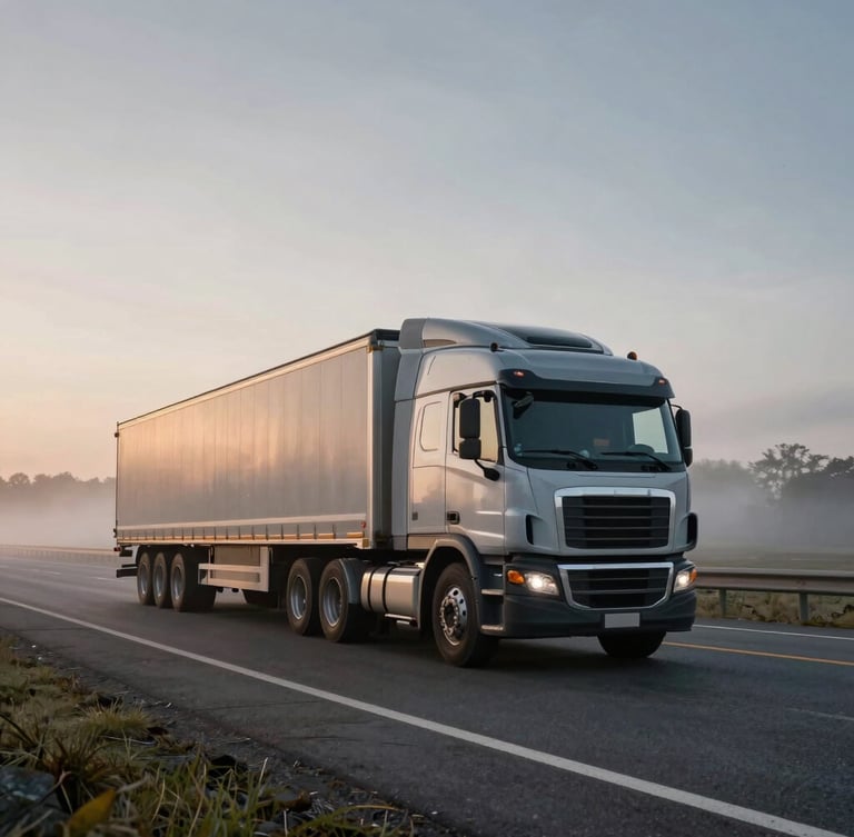 Wide environmental shot of a heavy-duty semi-truck in motion on an open highway at early morning dawn, misty atmosphere, asphalt gray tones.