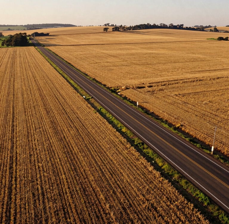 Wide-angle landscape of a rural highway cutting through golden soy fields in São Paulo interior, late afternoon warm light, 35mm film look
