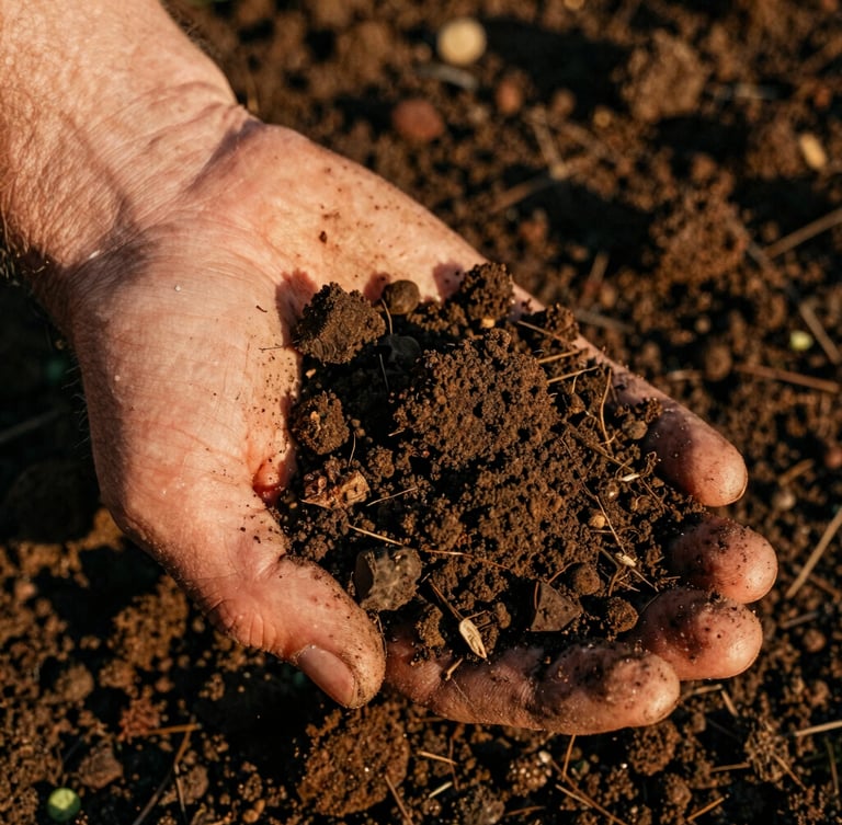 Macro close-up of dark, rich organic soil being held by a farmer's hand, warm golden hour sunlight, high contrast shadows, 35mm film look