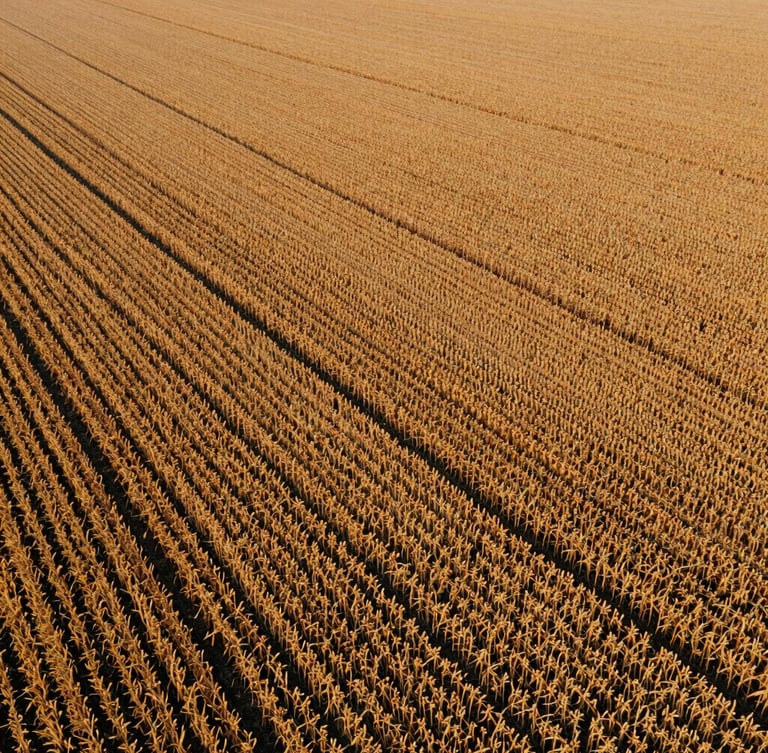 Wide aerial drone shot of a golden soy field during harvest, early morning warm sunlight casting long shadows, rich earth tones, 35mm film look