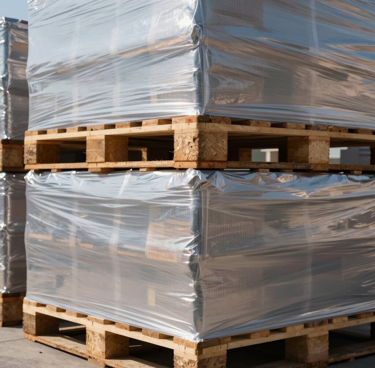Close-up of neatly stacked bulk pallets wrapped in durable clear stretch film, bright daylight warehouse environment, high clarity, zero dramatic shadows.