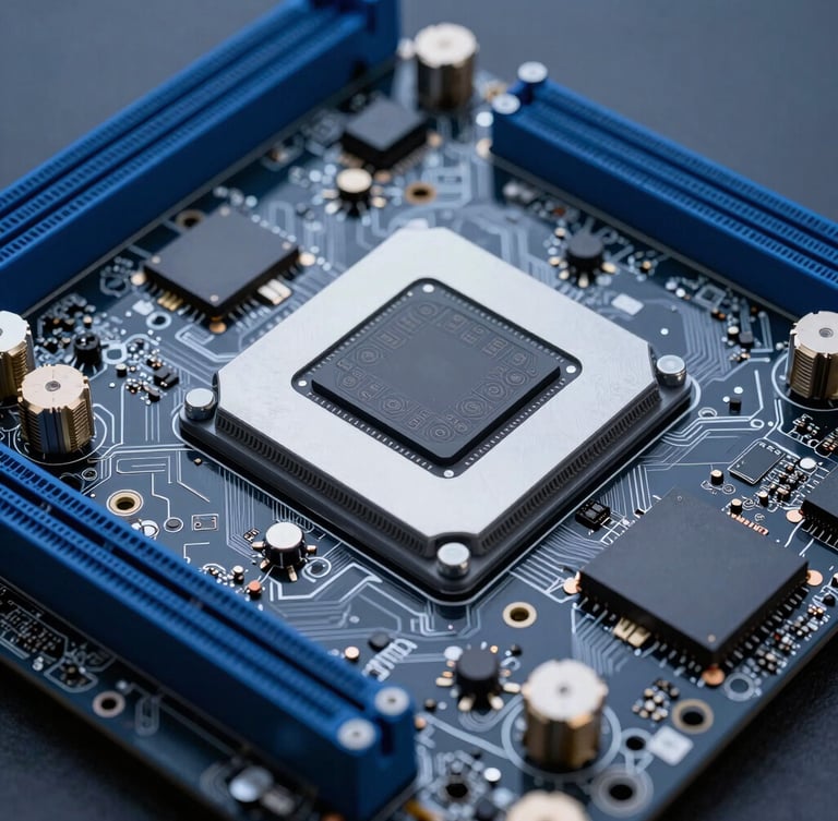 Gros plan sur une carte mère d'ordinateur, puces électroniques brillantes, éclairage studio net, tons bleus et gris, focus précis.